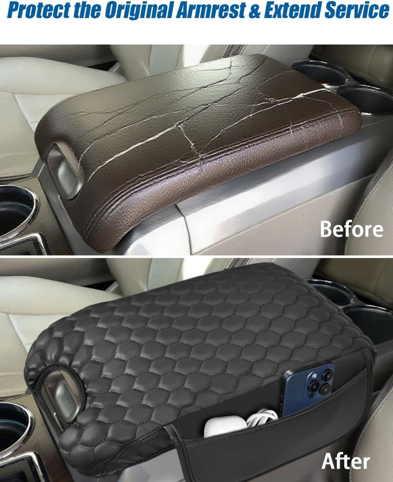 BystralX Center Console Cover Nappa Leather Armrest Cover Compatible with 2009-2014 Ford F150 Flow-Through Console Middle Console Cover with Two Side Pockets Center Console Cushion - Image 5